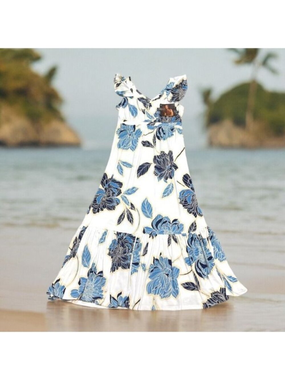 Iman Global Chic Blue Floral Maxi Dress VNeck Size MP Medium Petite NWT Hawaiian